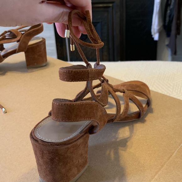 Saks Fifth Avenue Cognac Camel Brown Suede Lace Up Block Heel Sandals - 6.5 - Picture 10 of 16